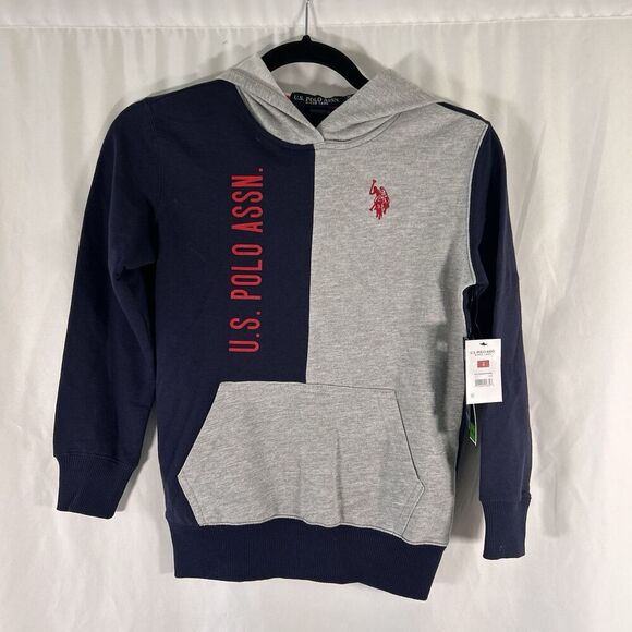New US Polo Assn Hoodie Boys M 8 Blue Grey Drawstring Pockets Cotton Blend - Picture 1 of 6